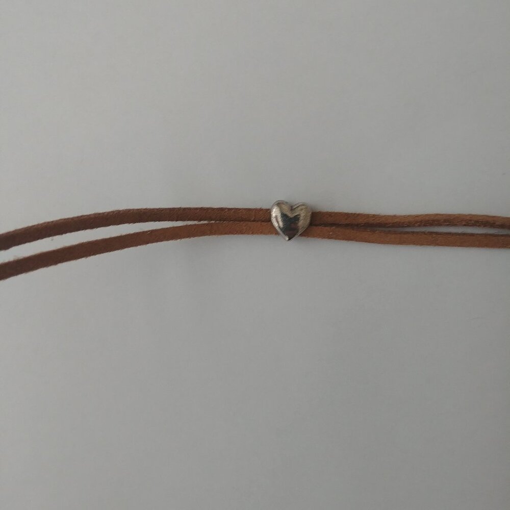 Y2K Brown leather double strand short necklace choker silver heart - Picture 6 of 9